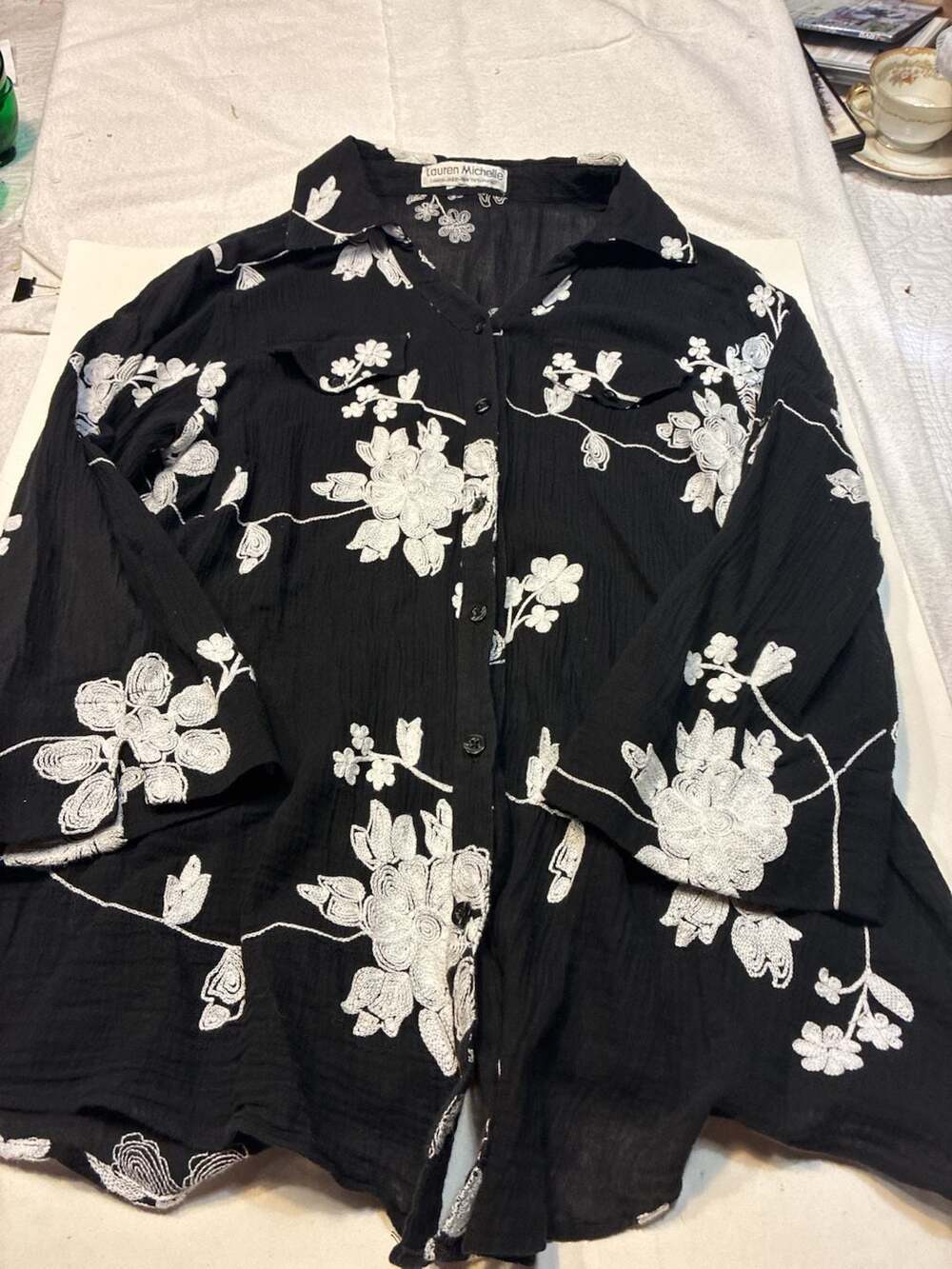 Lauren Michelle Black Gauze Button-Down Shirt with White Floral Embroidery